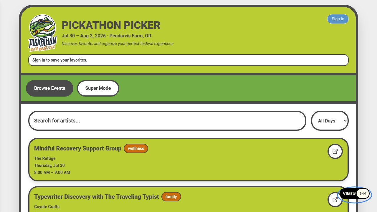 Screenshot of Pickathon Picker